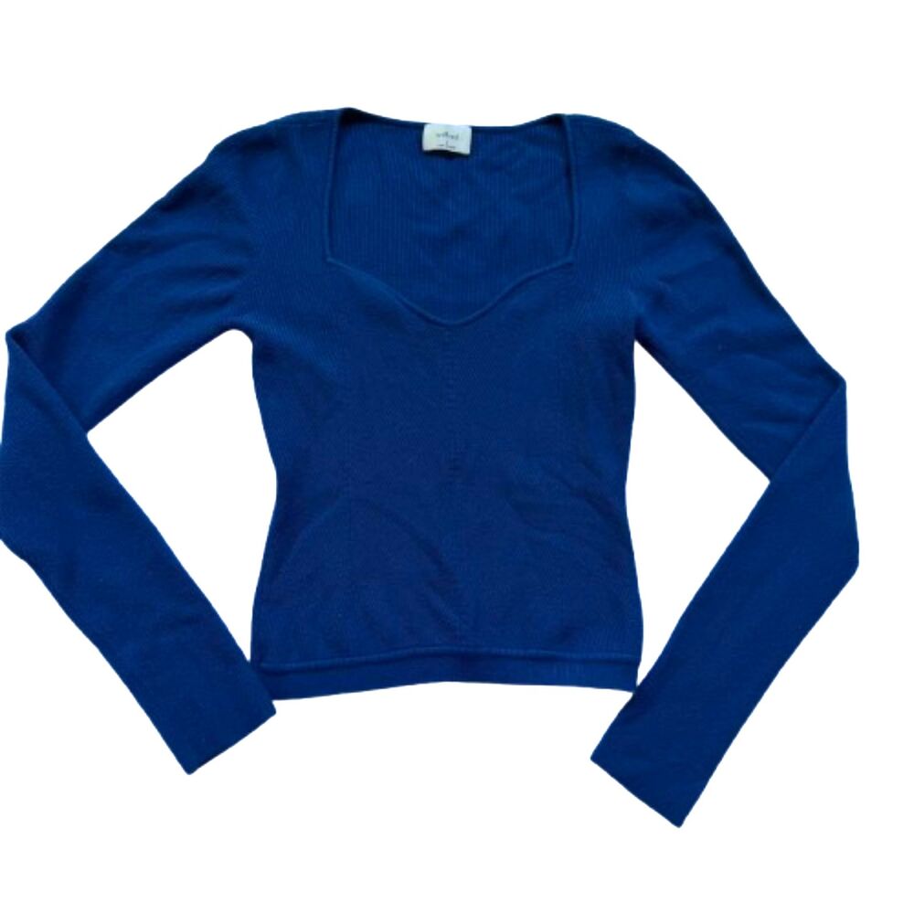 Wilfred Aritzia Ribbed Long Sleeve Top Square Sweetheart Neck Blue Knit S